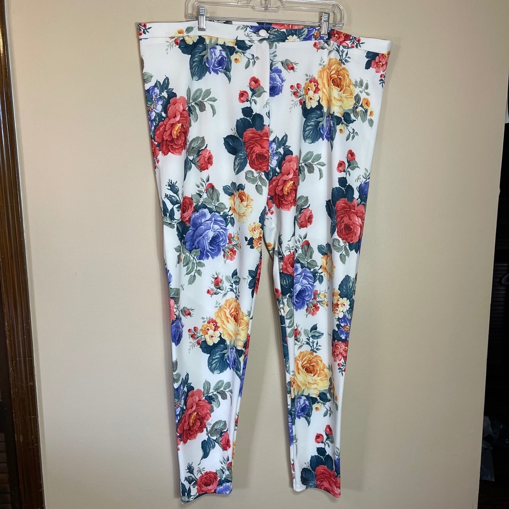 ASOS Curve Womens Plus 24 Floral Rose Print Skinny Scuba Pants White Multi Color